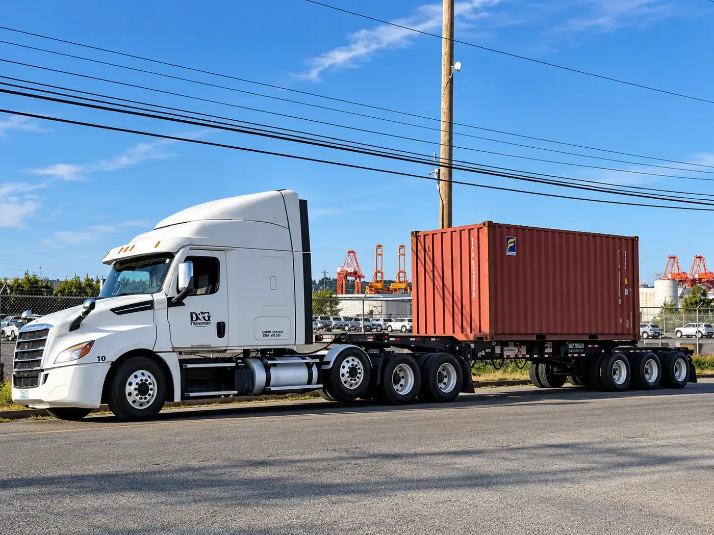 D&G Transport tractor hauling a container beside port cranes