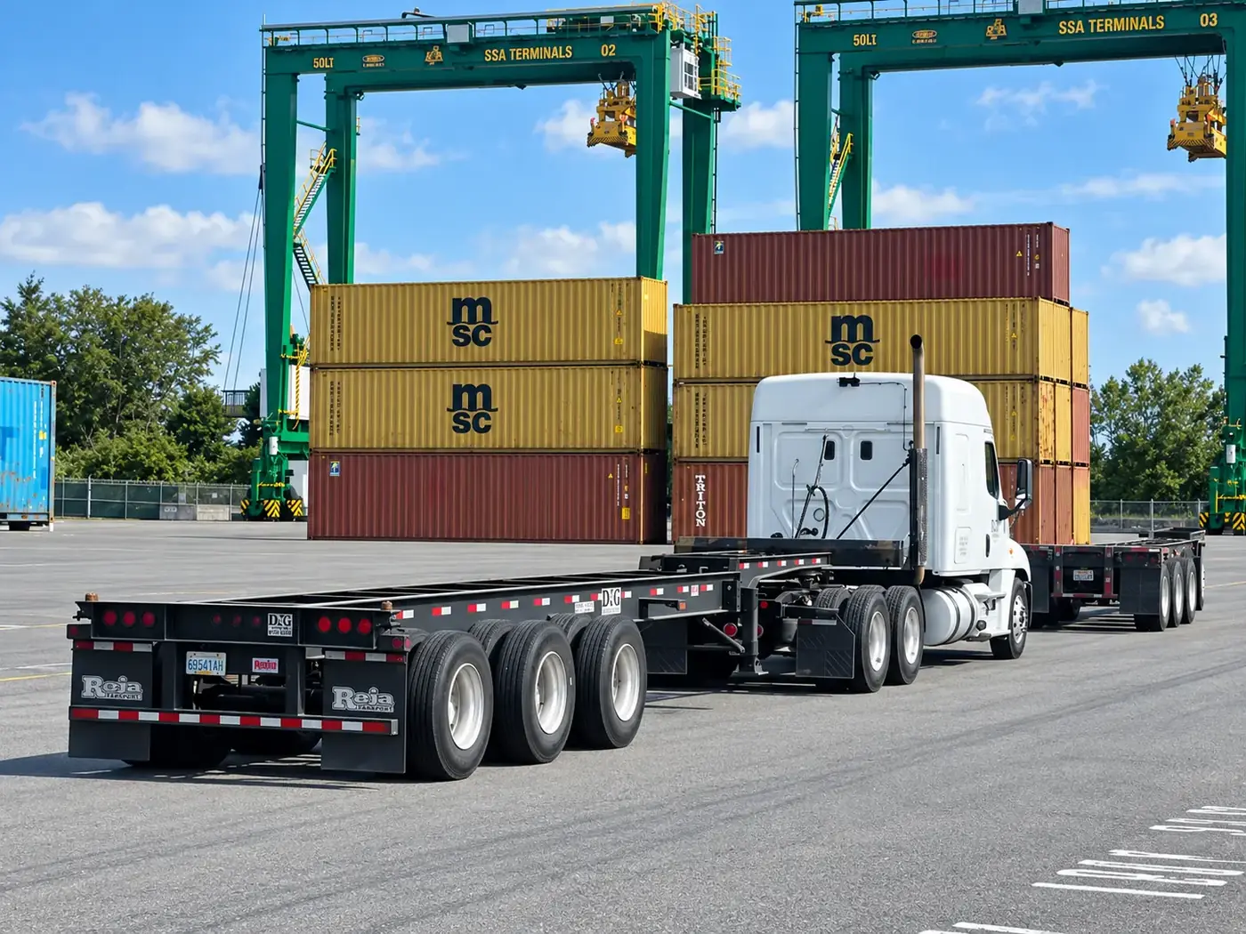 D&G Transport chassis and tractor at a container terminal